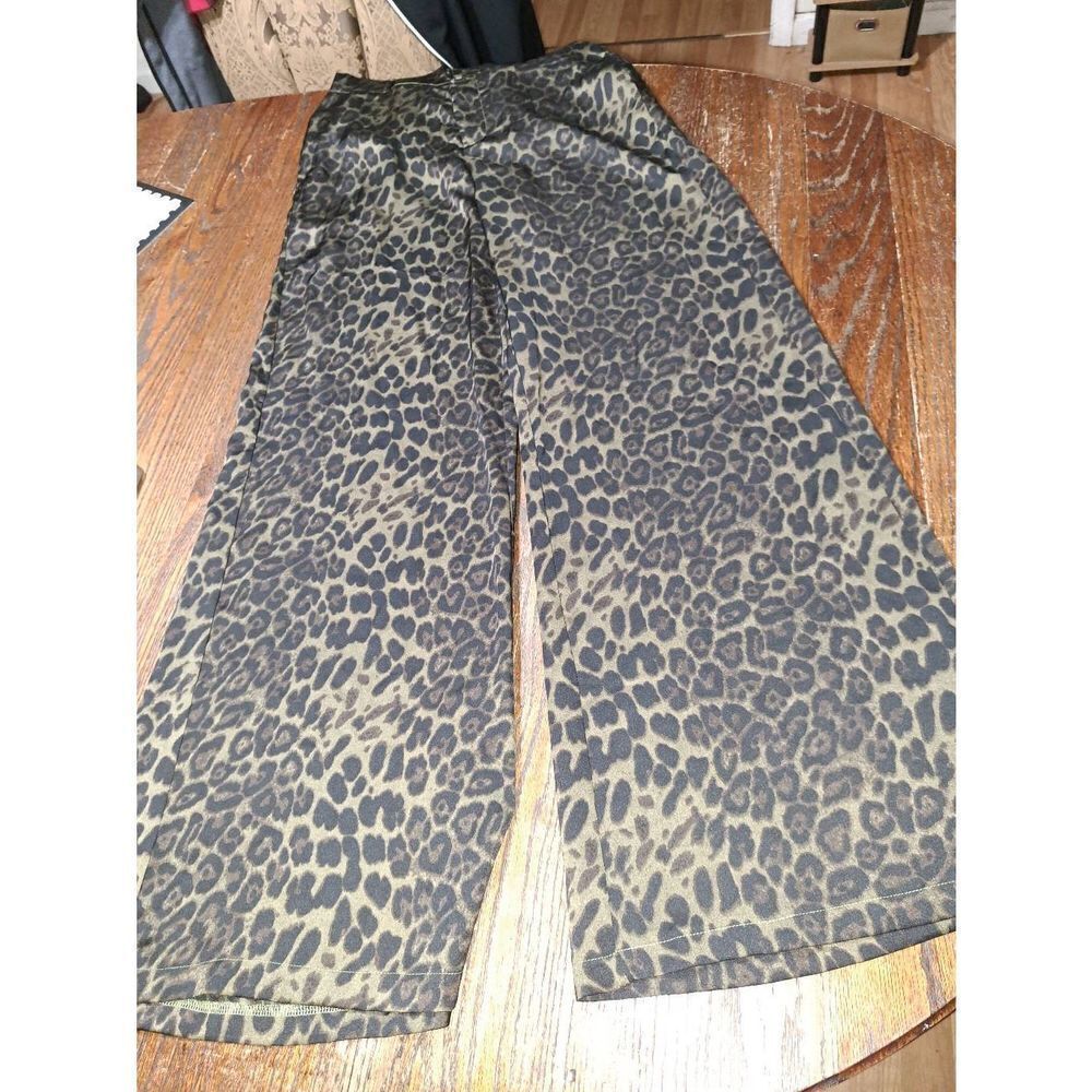 New Large Karlie Green Black Brown Spot Cheetah Leopard Wide Flare Leg Pants NWT